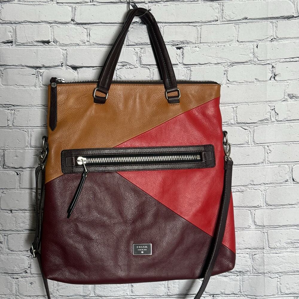 Fossil Dawson Leather Foldover Tote Red/Gold/Burgandy ZB6655995, Excellent, Soft